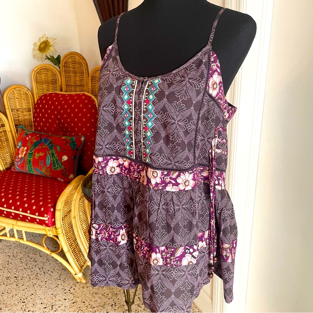 SUNDANCE Purple Cotton Prints Spaghetti Strap Embroidered Cami Top! NEW! Medium